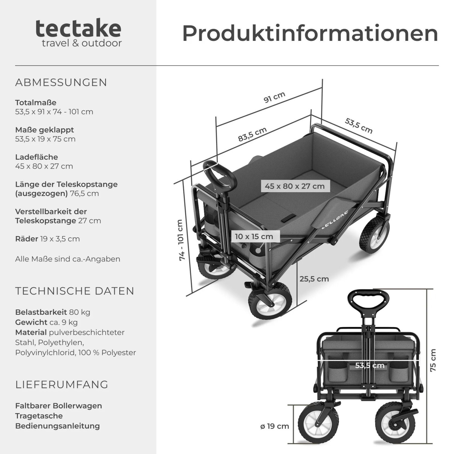 Tectake Bollerwagen Leon Faltbar Mit Bremsen und Gummierten Kunststoffrädern  91 x 53 50 x 101 cm Grau_6