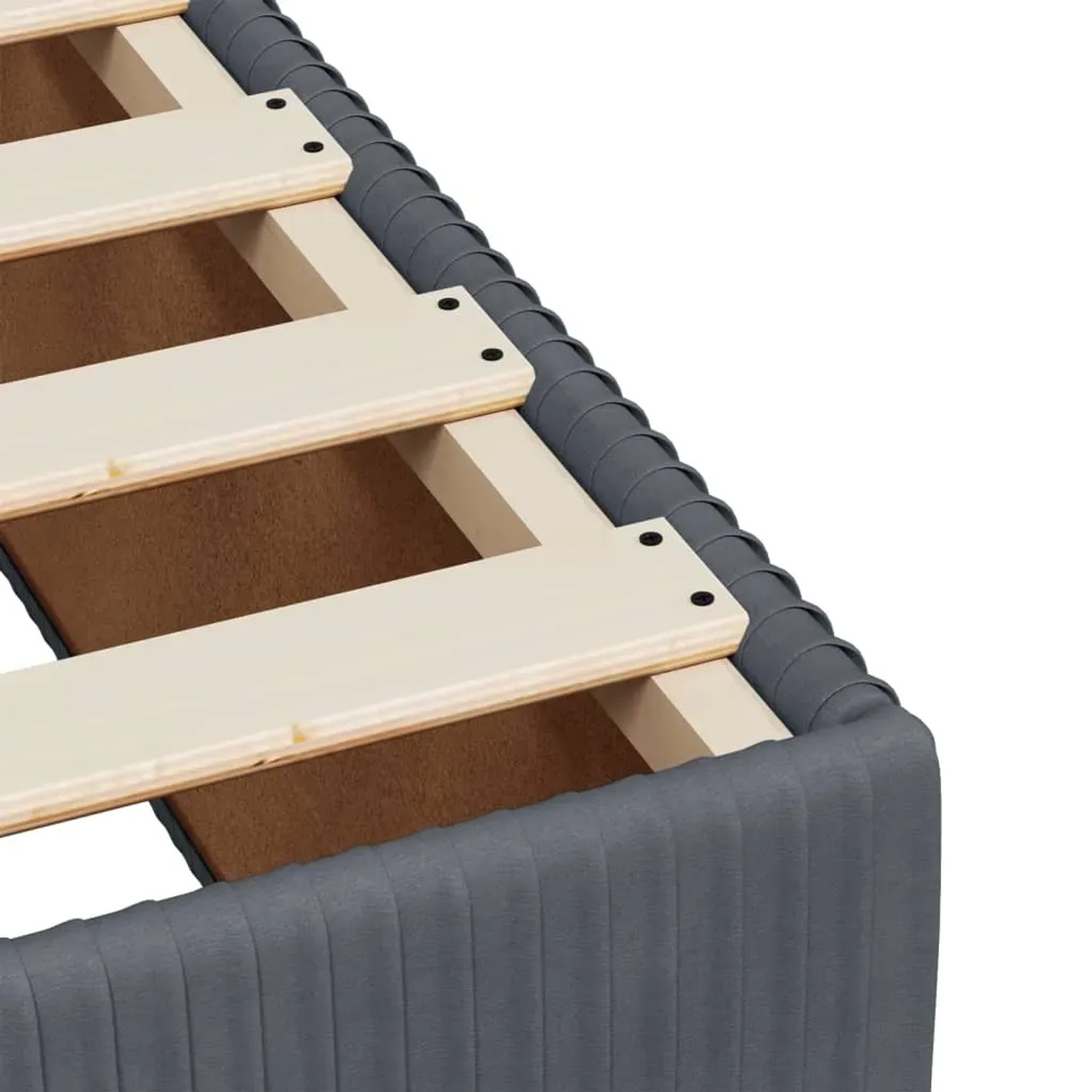 Detailansicht Boxspringbett dunkelgrau mit Lattenrost. Bett aus Samt, 200x200 cm.