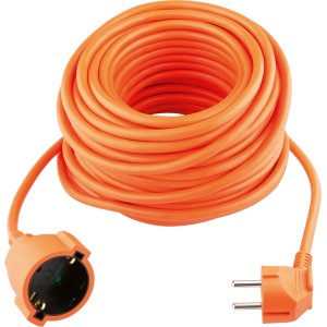 Orangefarbenes Verlängerungskabel, 20 m, für den Innenbereich. Aufgerollt mit Stecker und Kupplung.
