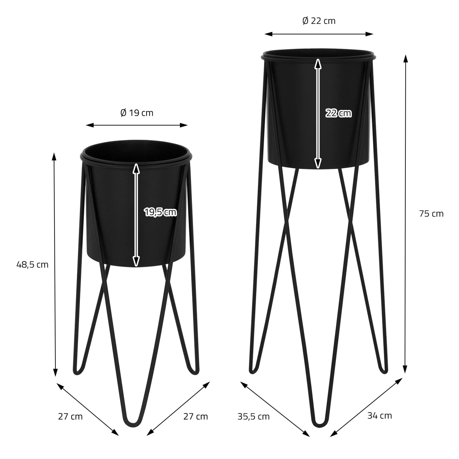 ML-Design Blumenständer 2er Set, schwarz. Stahl-Blumenkästen für Innen & Außen, 48,5 & 75cm hoch.