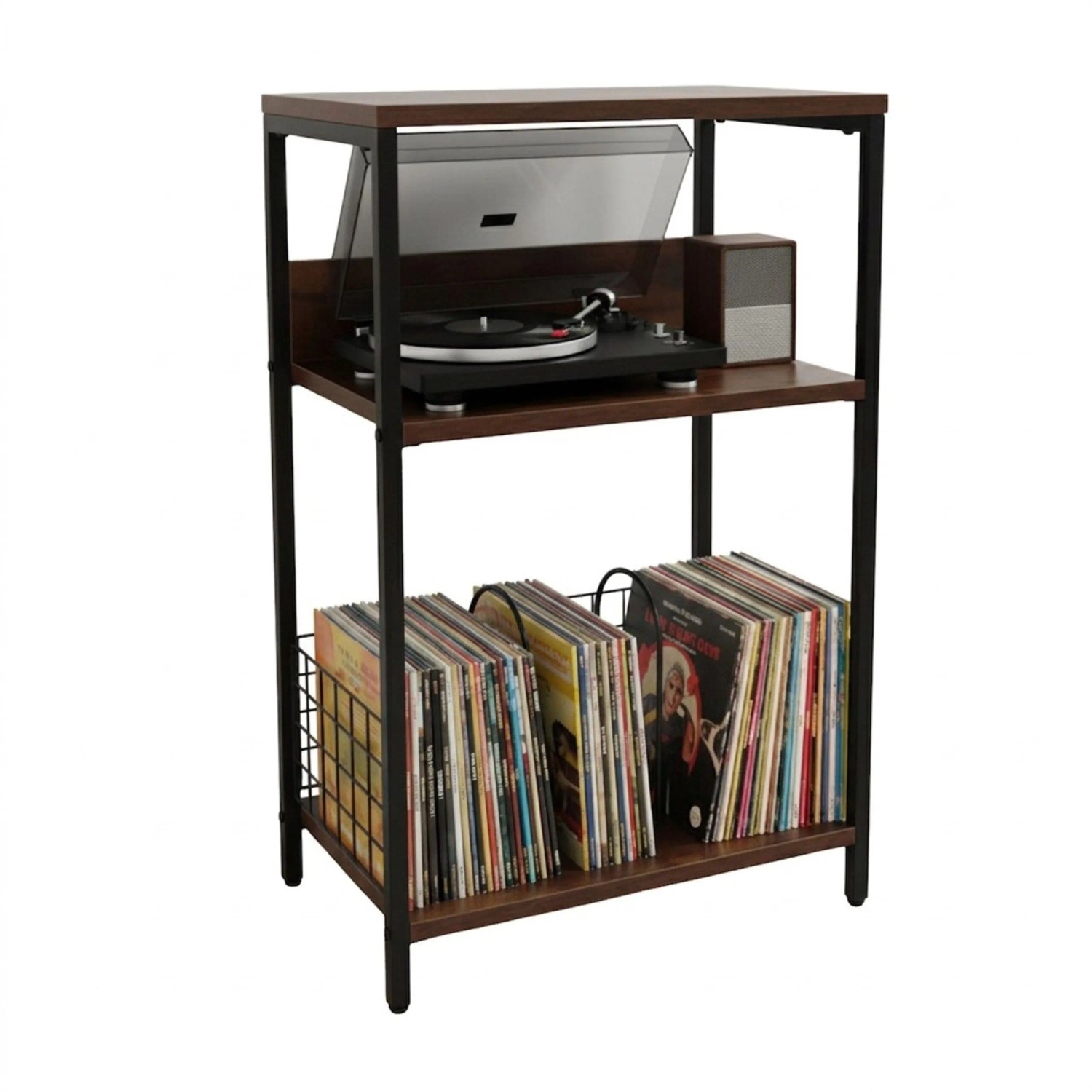 Relaxdays Plattenspielertisch MDF Eisen Vintagebraun mit 3 Ebenen 65 cm x 40 cm x 30 cm
