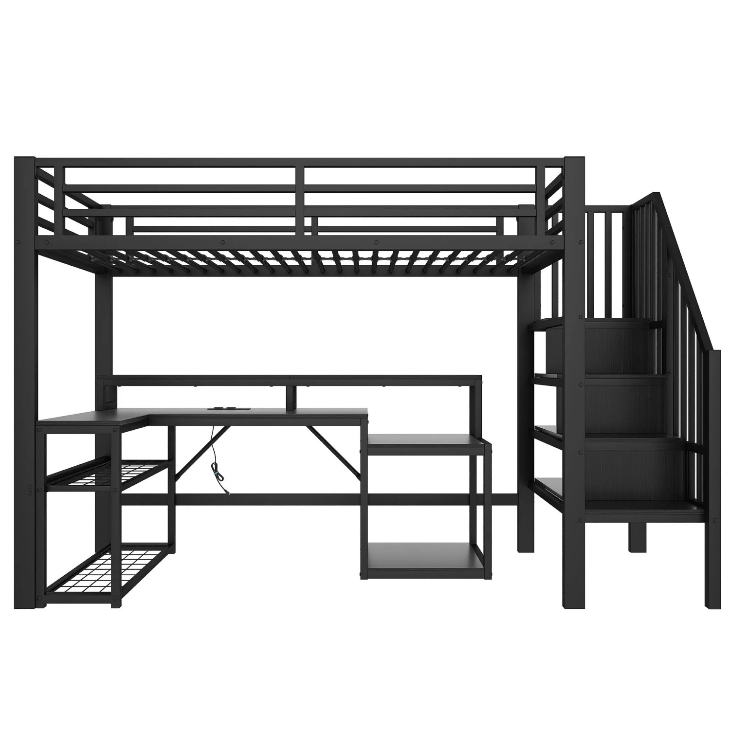 okwish Metall Hochbett 90x200cm mit Schreibtisch USB und LED Schwarz ohne Matratze