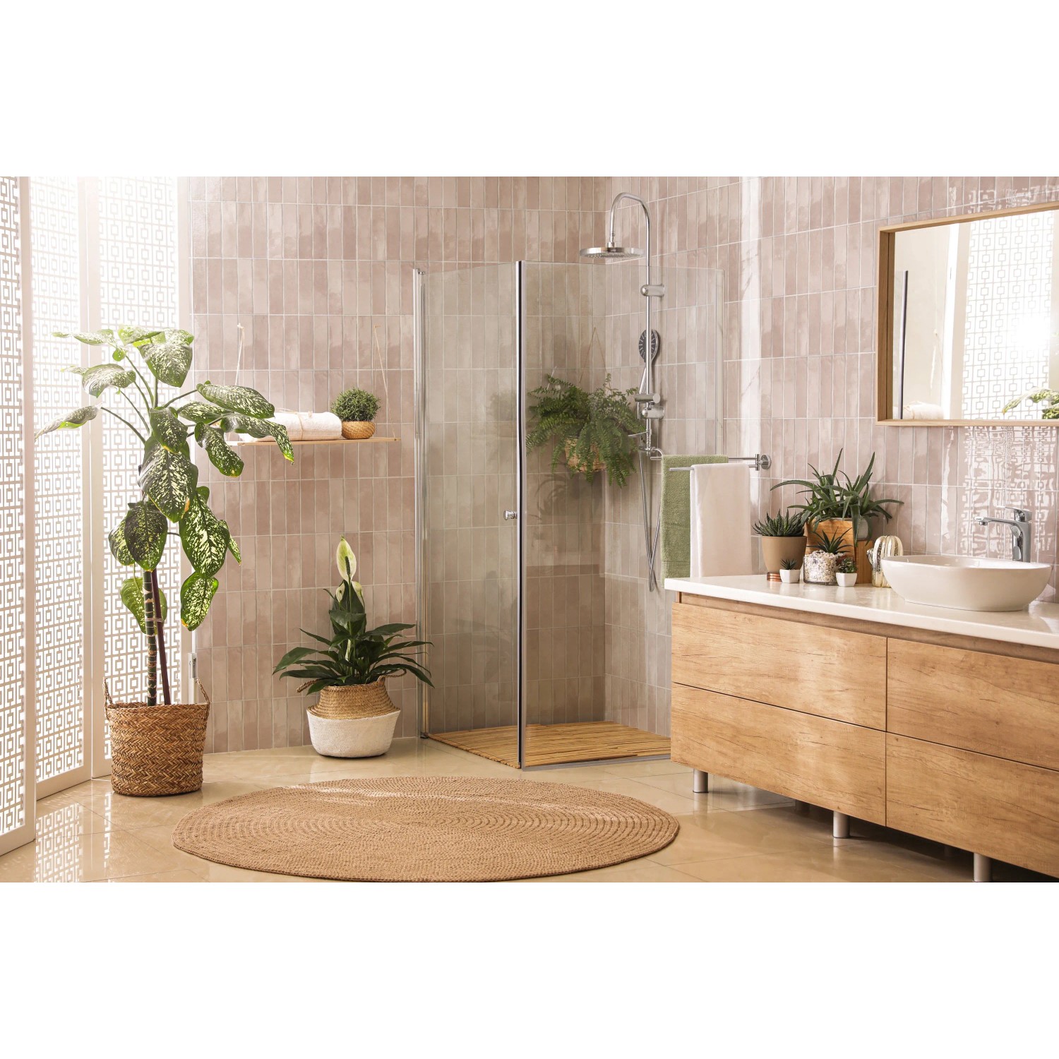 Badezimmer mit Grosfillex Wandpaneelen Element 3D Optik Vertical Tiles Rose.