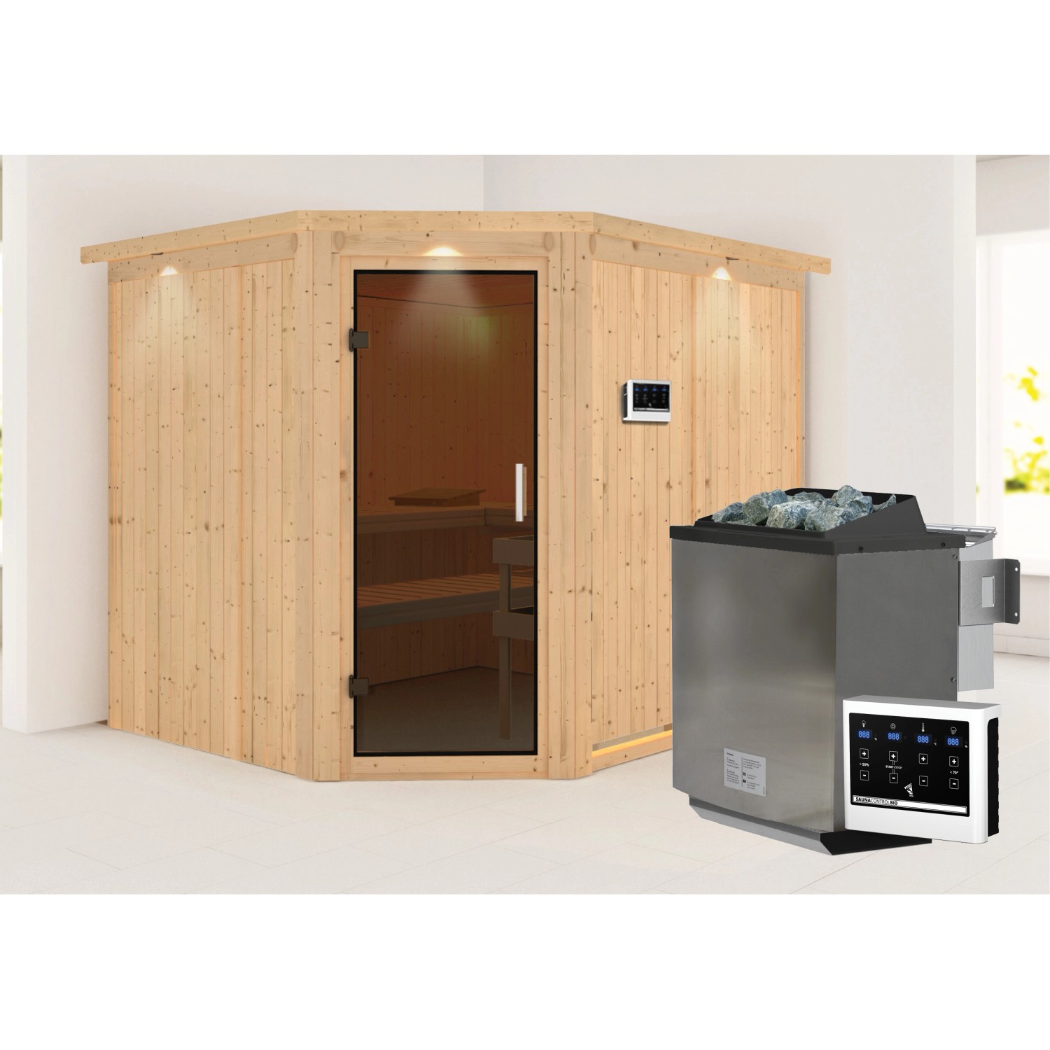 Karibu Sauna mit Bio-Ofen externe Stg.LED-Dachkranz Grap Natur günstig online kaufen