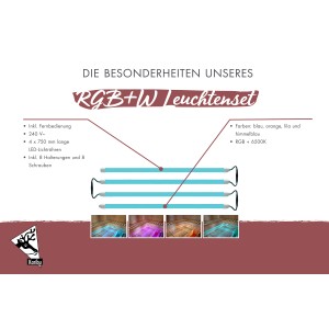 Karibu RGB+W Leuchtenset für Sauna, 4 LED-Röhren mit Farbwechsel und Fernbedienung.
