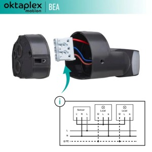 Oktaplex Bea Bewegungsmelder in Anthrazit mit Anschlussplan für die Installation.