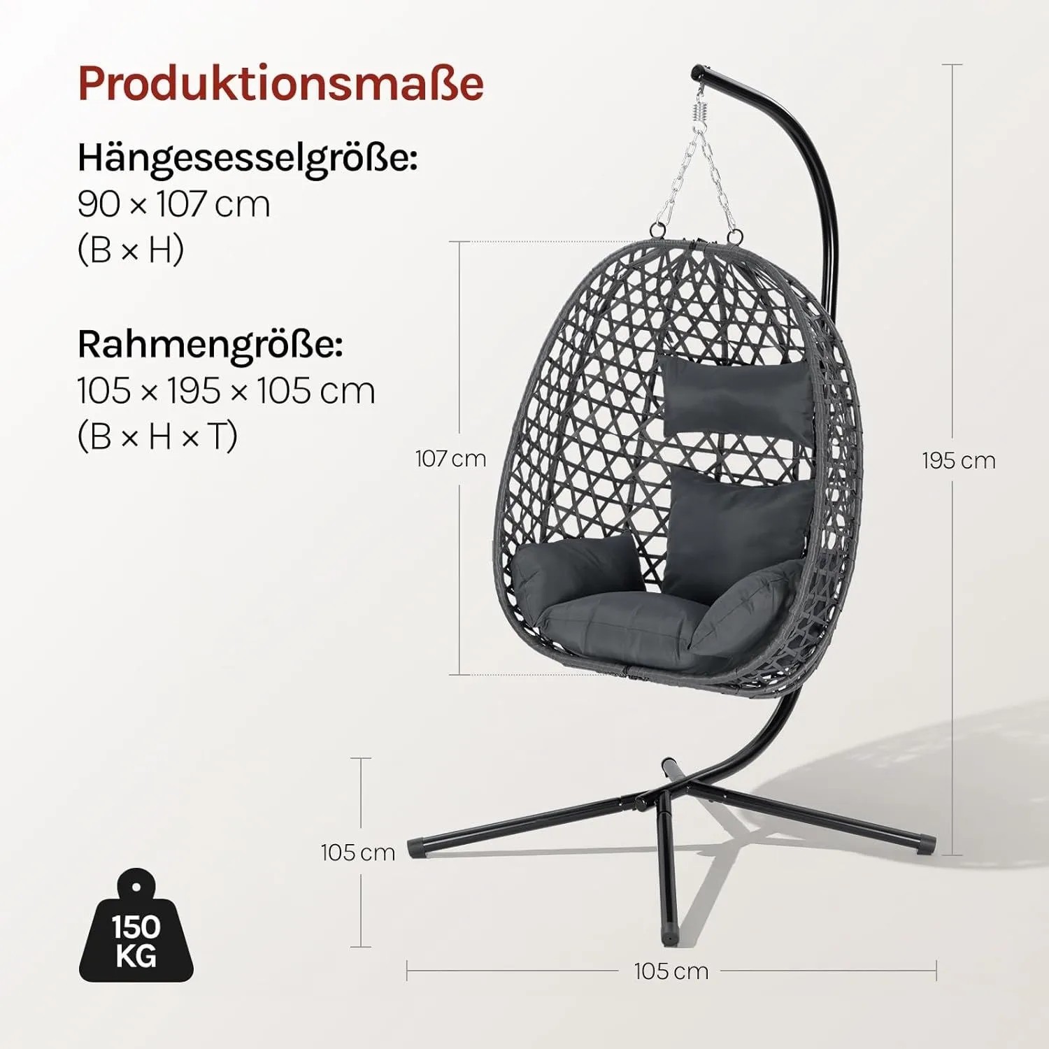 WOLTU Hängesessel mit Kissen, Kopfstütze, schwarz/grau PE-Rattan, Metallgestell, 150kg belastbar. Maße: 105x195x105cm.