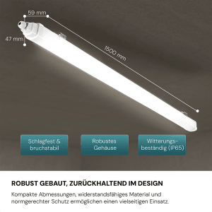 LUXULA LED Feuchtraumleuchte, 150cm, neutralweiß, IP65, stoßfest. Ideal für Keller, Garage & Werkstatt.