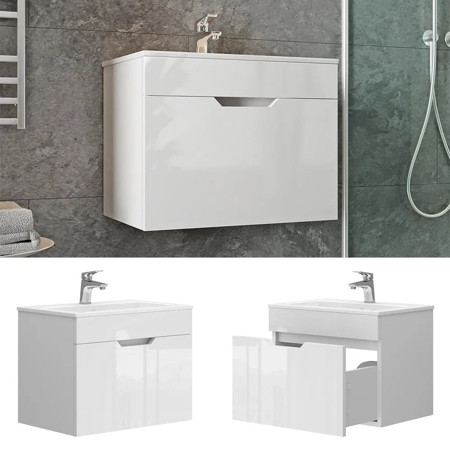 Vicco Badmöbel-Set Stefanie, weiß hochglanz, 2-teilig mit Unterschrank (60 cm).