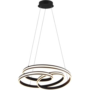 Moderne, dimmbare LED-Pendelleuchte Nuria in Schwarz Matt mit geschwungenen Ringen für Wohn- und Esszimmer.