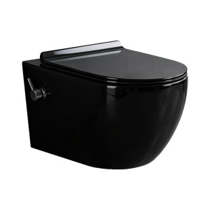 Schwarzes spülrandloses Wand-Dusch-WC mit Softclose-Sitz. Glänzende Sanitärkeramik, Taharet-Funktion.