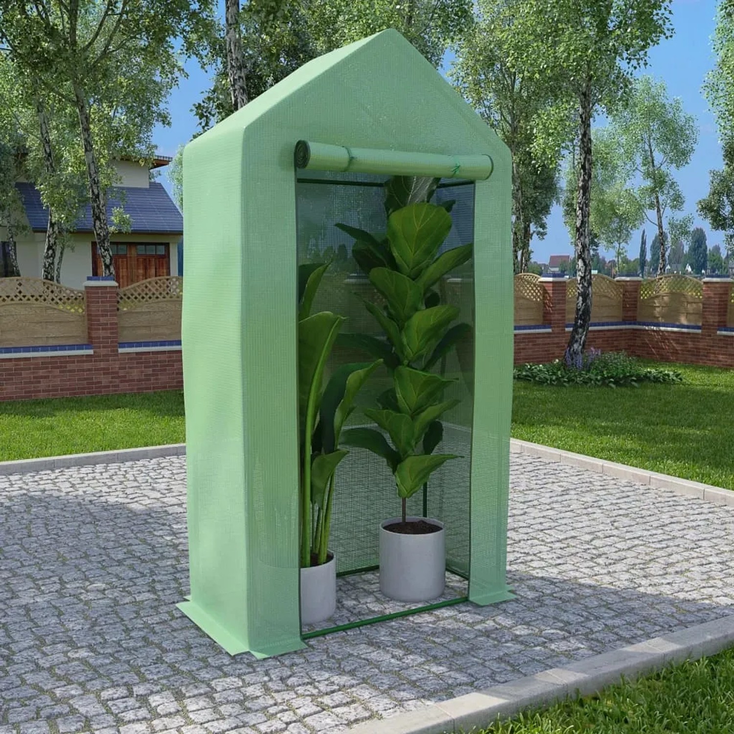Grünes furnicato Gewächshaus mit Stahlrahmen (1x0,5x1,9 m) im Garten.