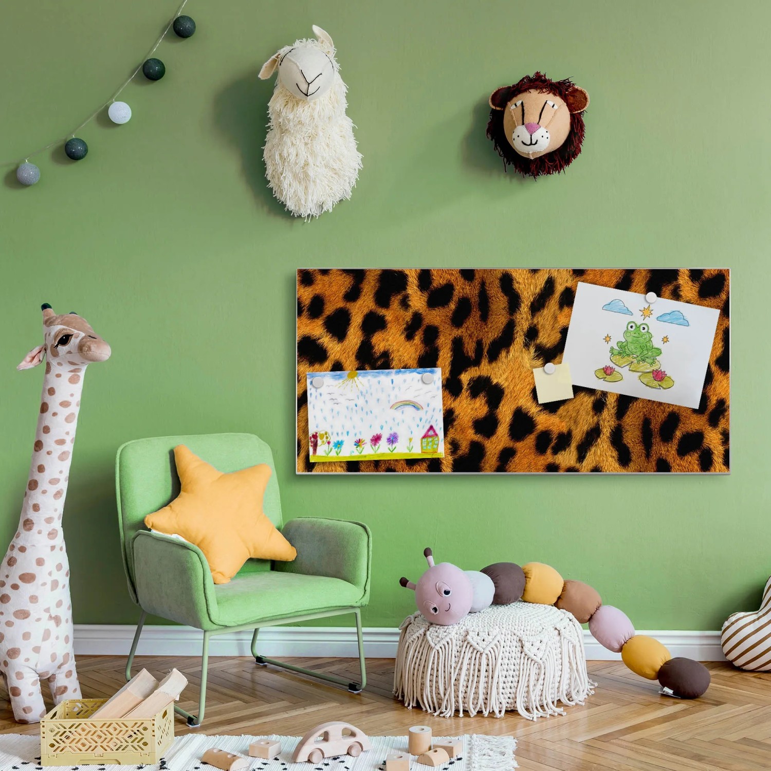 Banjado Magnettafel 78x37cm mit Leopard-Motiv, silberne Magnetwand für Notizen und Fotos.