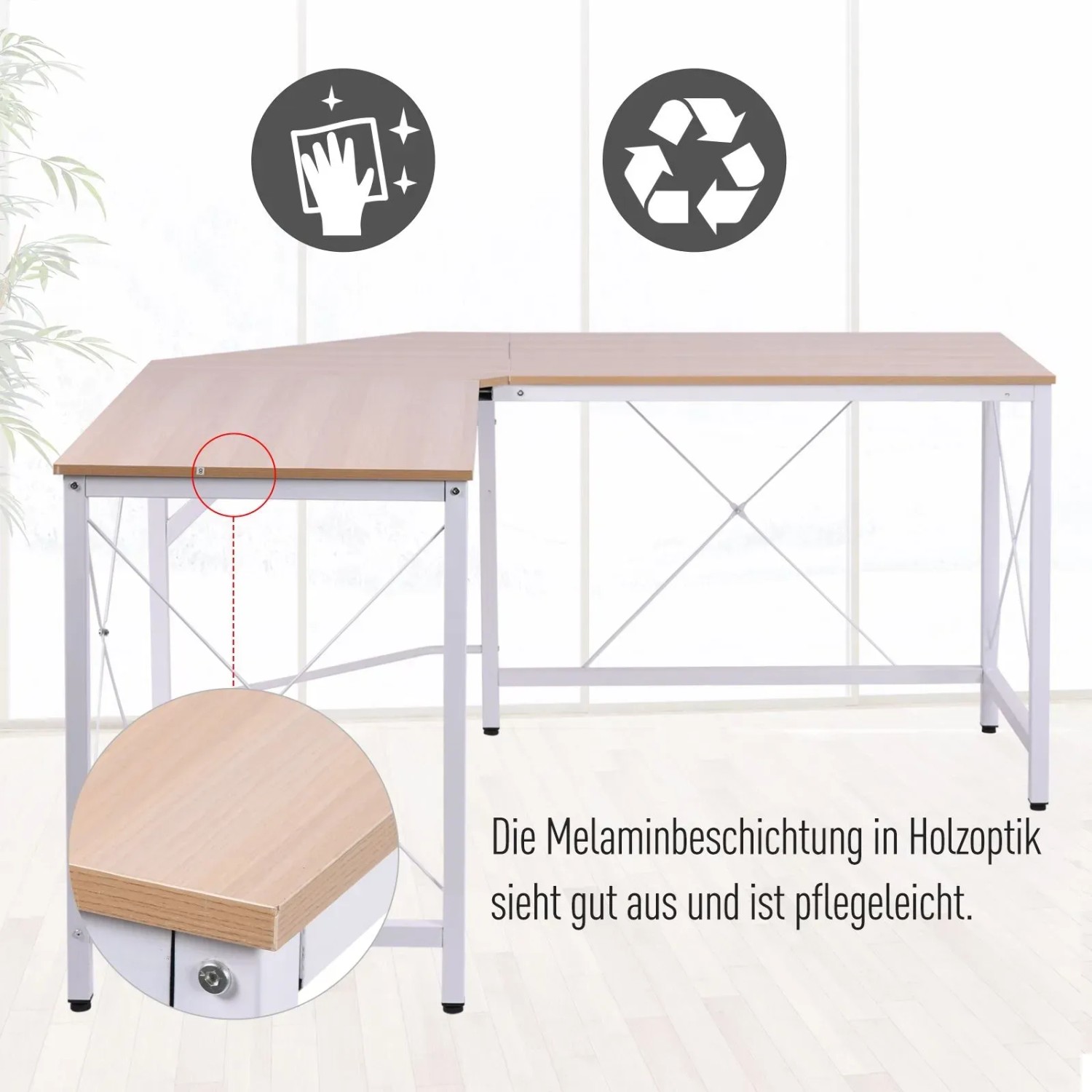 HOMCOM Eckschreibtisch in L-Form mit Holzoptik und weißem Metallgestell.