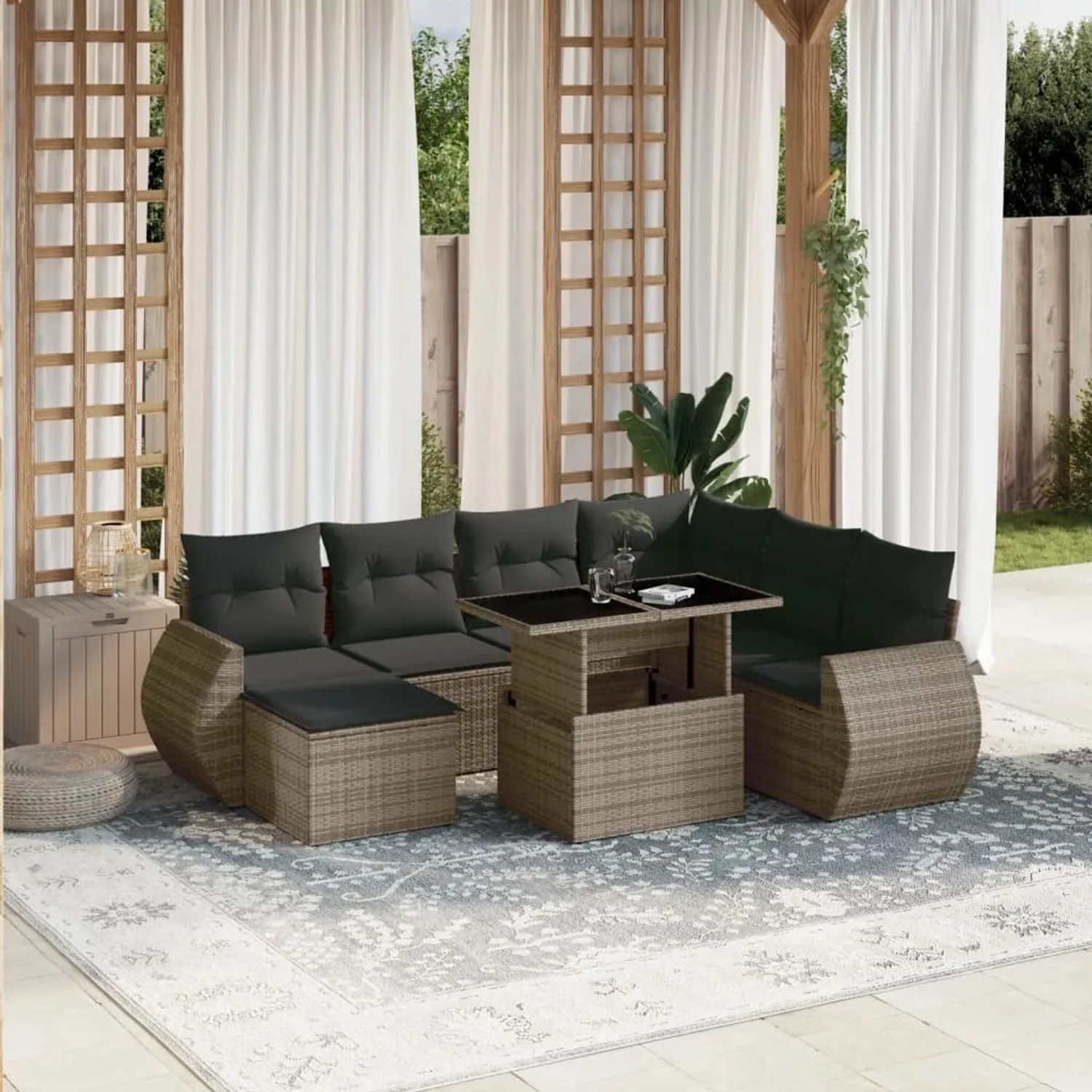 Graue 8-tlg. vidaXL Garten-Sofagarnitur aus Poly Rattan mit Tisch und Kissen.