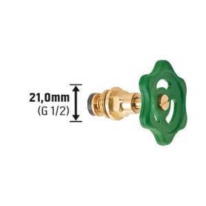 Schrägsitzventil 21 mm (G 1/2) aus Messing mit grünem Handrad für Wasserleitungen.