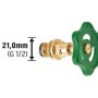 Schrägsitzventil 21 mm (G 1/2) aus Messing mit grünem Handrad für Wasserleitungen.