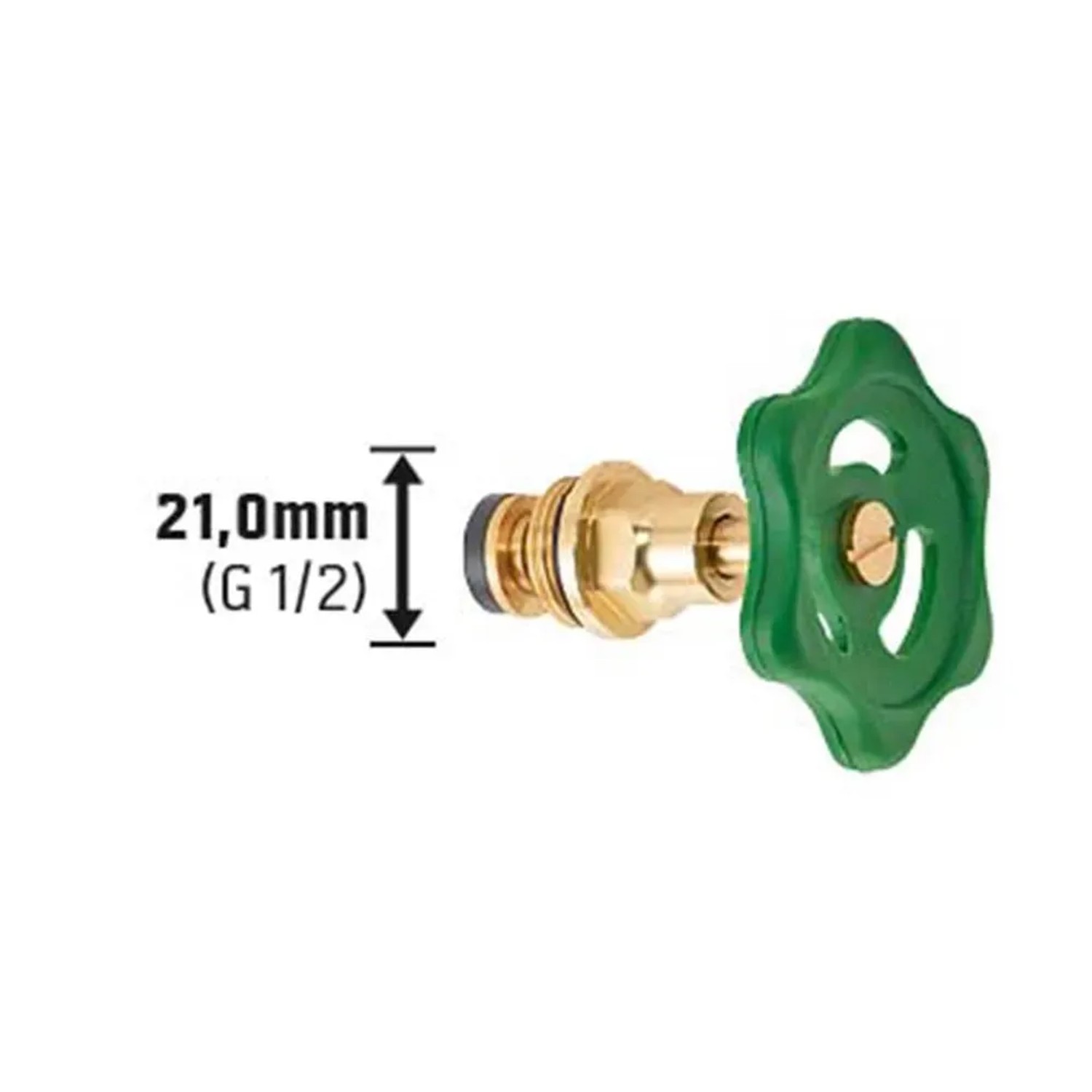Schrägsitzventil 21 mm (G 1/2) aus Messing mit grünem Handrad für Wasserleitungen.