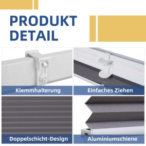 Detailansicht: Sekey Doppelplissee Day&Night, weiß/grau, mit Klemmträger und Verdunkelungsfunktion.