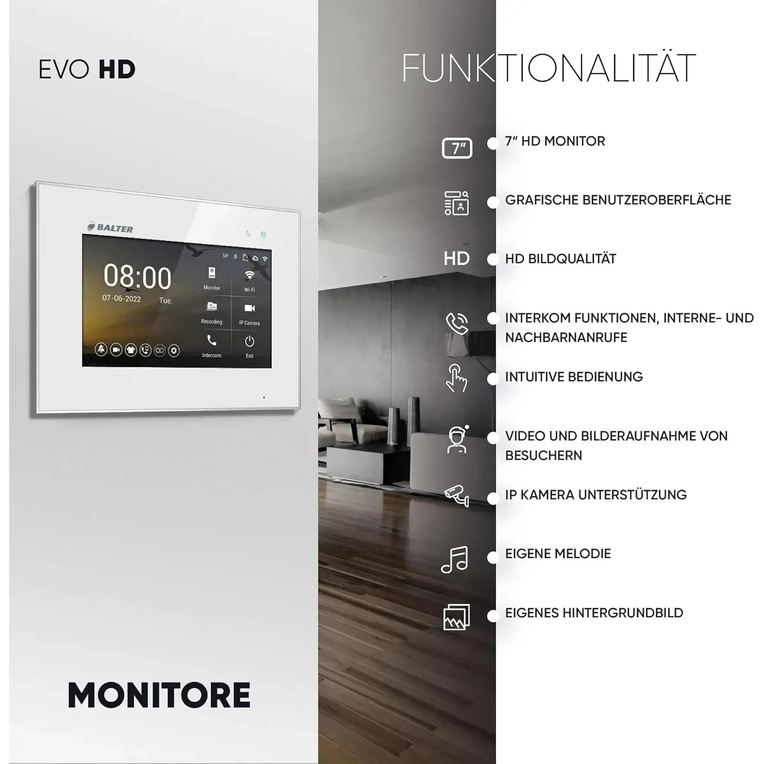 Balter EVO-HD Video-Türsprechanlage mit Monitor, Silber-Weiß. Komplettset für Dreifamilienhaus.