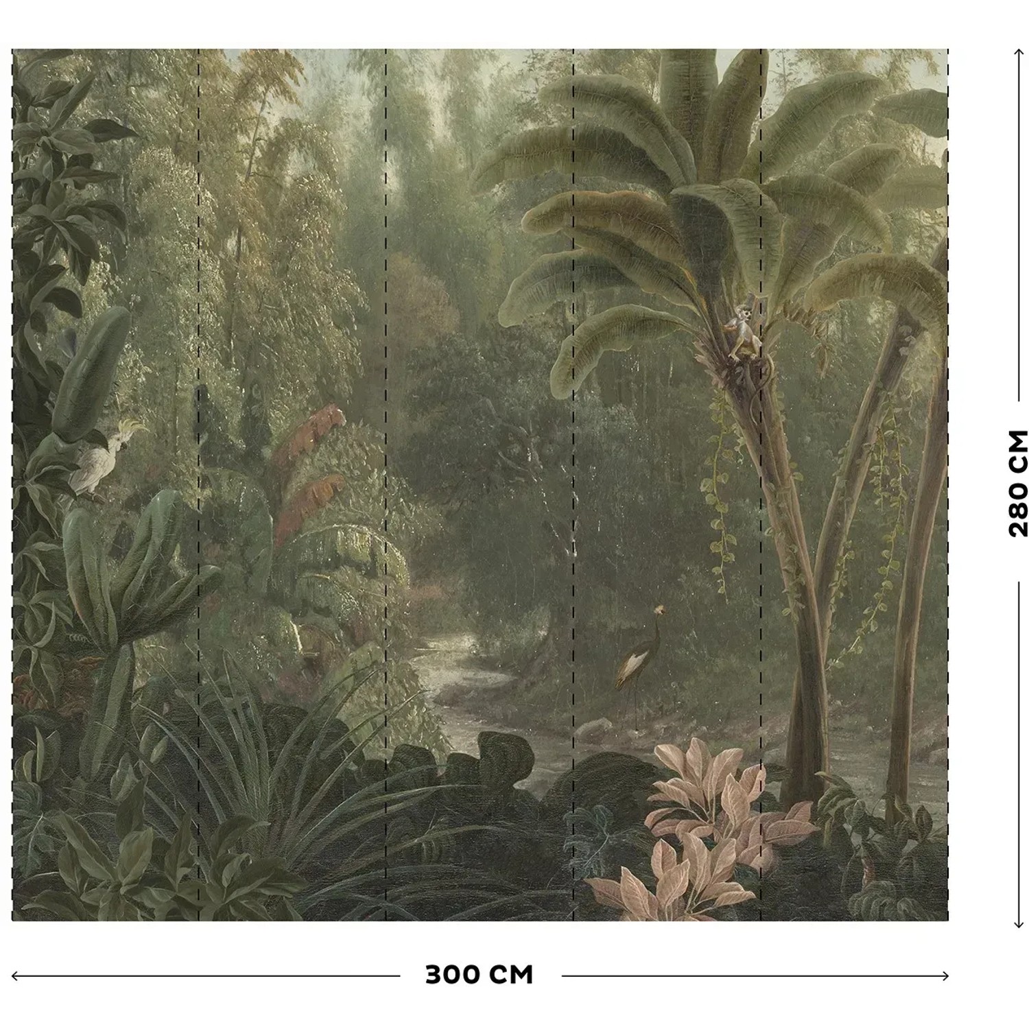 Art for the Home Fototapete Jungle, 280x300 cm, mit Dschungelmotiv, Bäumen, Pflanzen und Tieren.