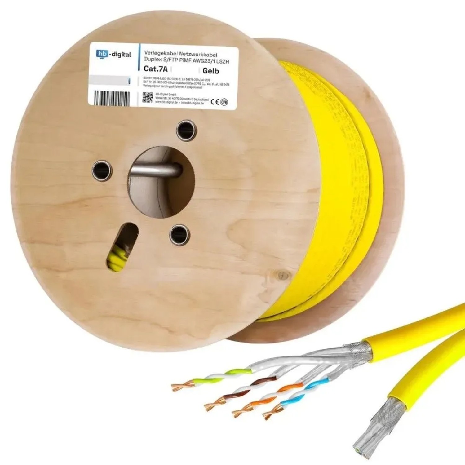 hb-digital CAT 7a Verlegekabel Duplex Installationskabel max. 1200 MHz S/FTP AWG23 LSZH 500m Gelb
