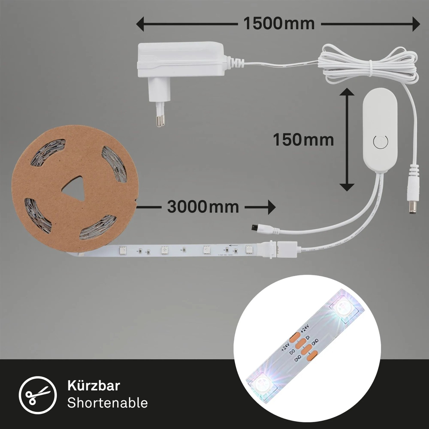 Brilo LED-Strip Magic RGB mit Musiksensor und Fernbedienung, 3m. LED Streifen auf Rolle mit Netzteil und Steuerung.