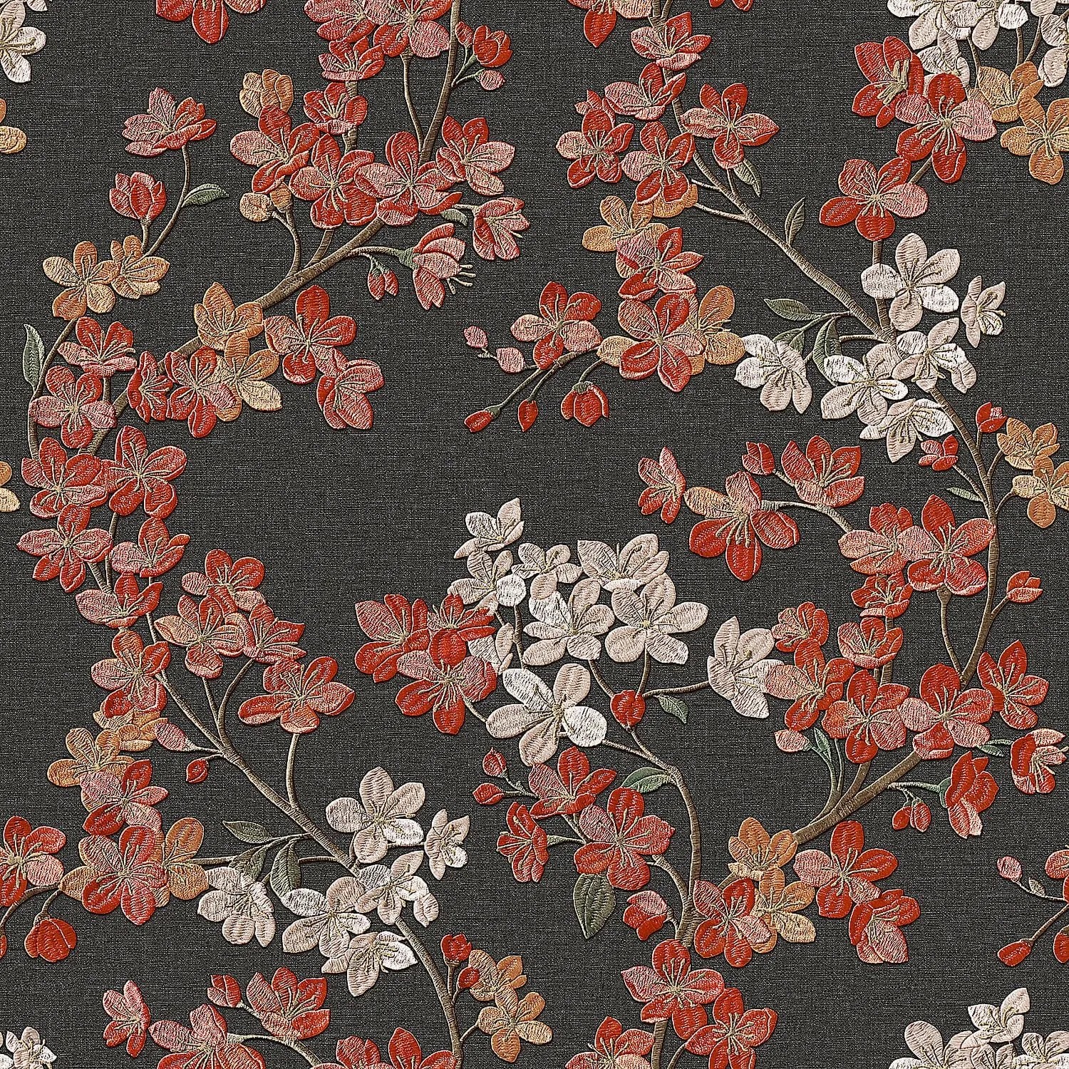 PROFHOME Gr322207-Di Blumen Tapete Floral Anthrazit Rot Alt-Rosa Oliv 0,53 m x 10,05 m  5,33 m2