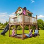 Axi Liam Spielhaus mit Rutsche und Sandkasten, braun-grün. Kinder spielen im Garten.