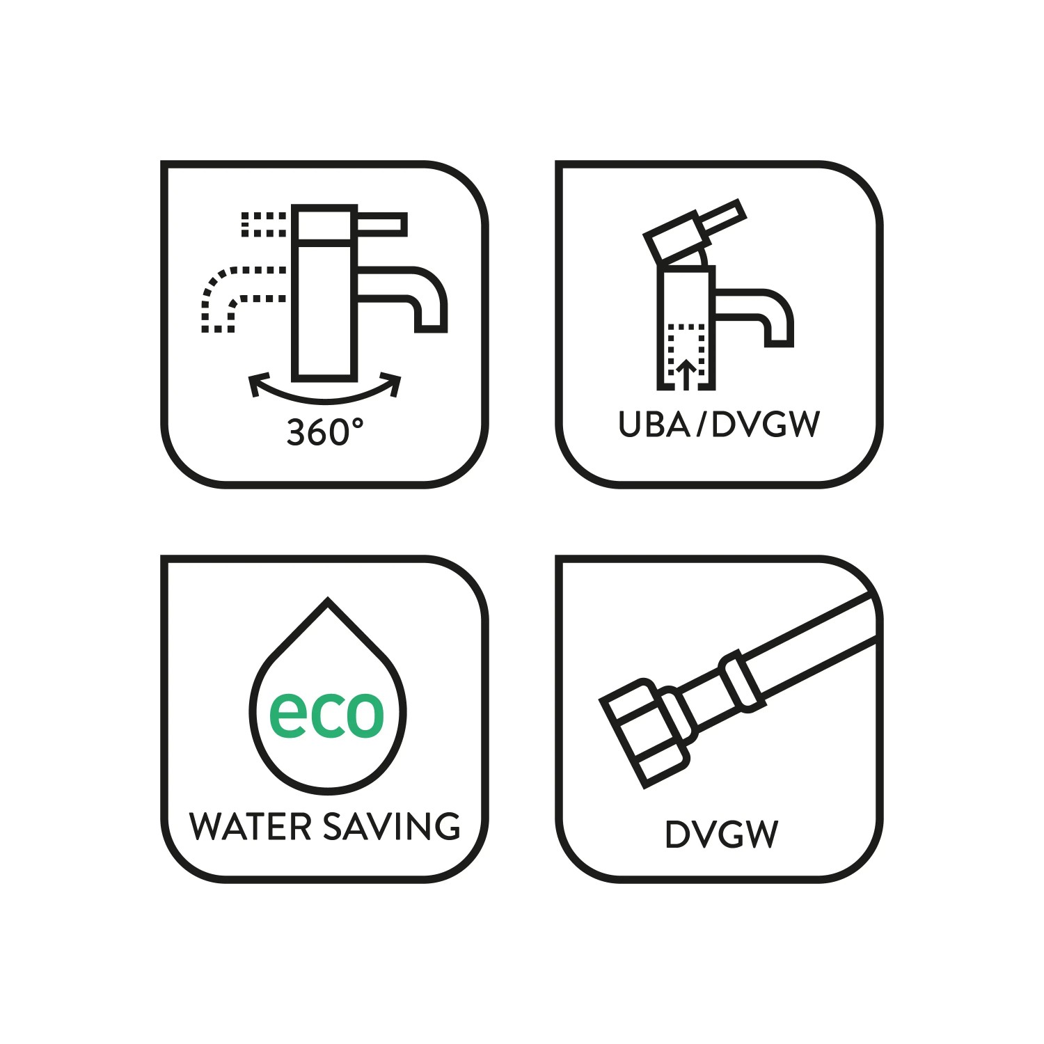 Icons der baliv Küchenarmatur KI-1060: 360° schwenkbar, UBA/DVGW, Wassersparfunktion, DVGW-Zertifizierung.