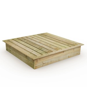 Quadratischer Wickey Sandkasten King Kong 165x165 cm mit Deckel aus Holzlatten.