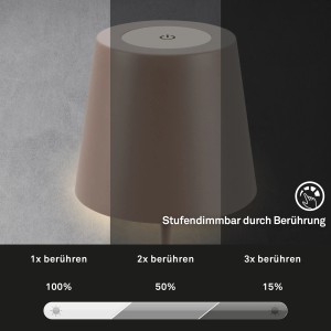 Brilo Akku Tischleuchte Kiki, Umbrasand, dimmbar per Touch. Außen-Dekoleuchte mit verschiedenen Helligkeitsstufen.
