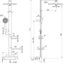 Technische Zeichnung: Ideal Standard Duschsystem Rosé mit Maßen für Installation und Produktabmessungen.