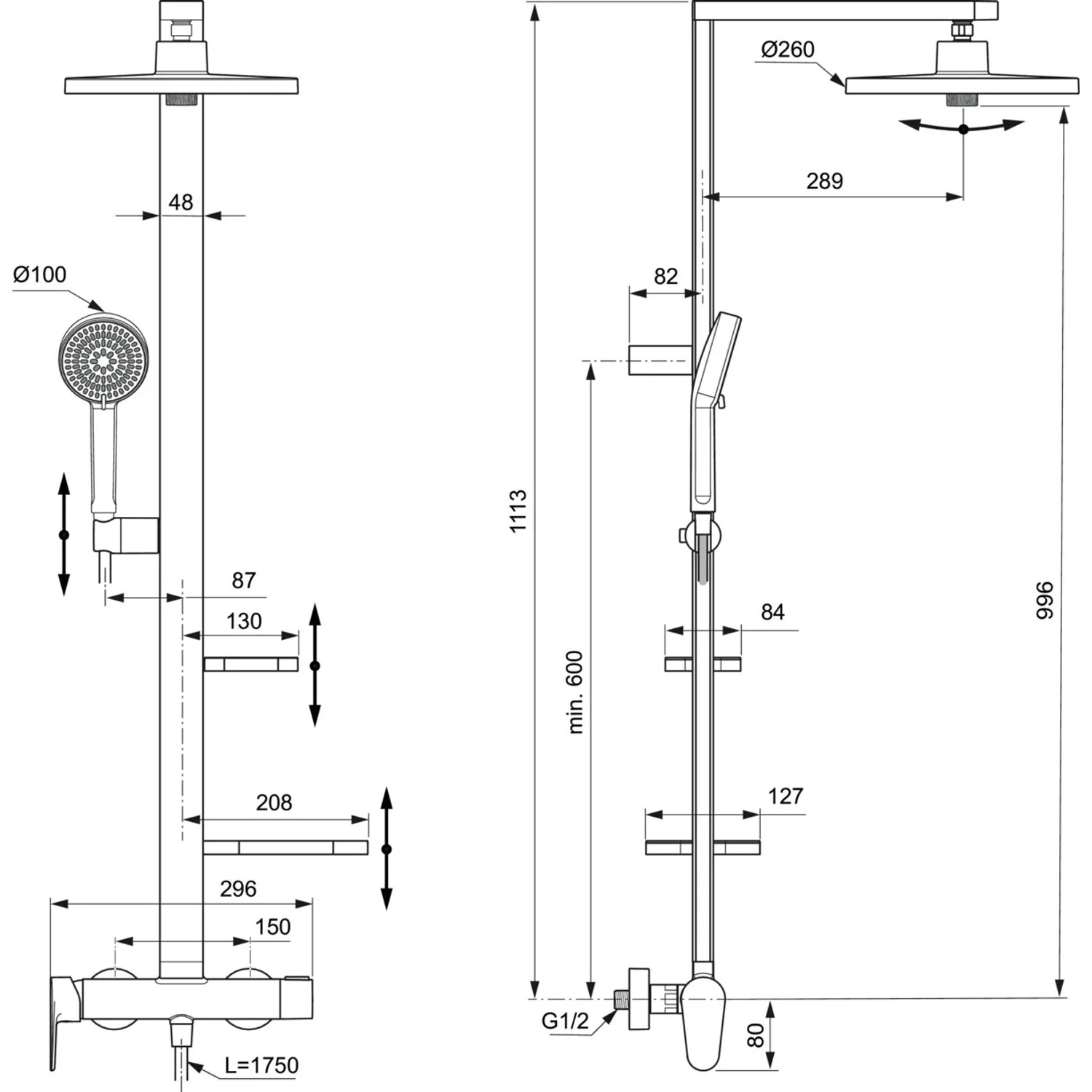 Technische Zeichnung: Ideal Standard Duschsystem Rosé mit Maßen für Installation und Produktabmessungen.
