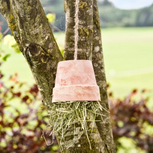 DIY-Futterstelle: Umgedrehter Topf hängt mit Windhager Jute-Schnur an Baum.