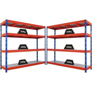 PROREGAL Mega Deal 2x Profi Schwerlastregal Rhino HxBxT 180x200x60cm 4 Stahlplatten-Ebenen Fachlast 500kg Blau/Orange