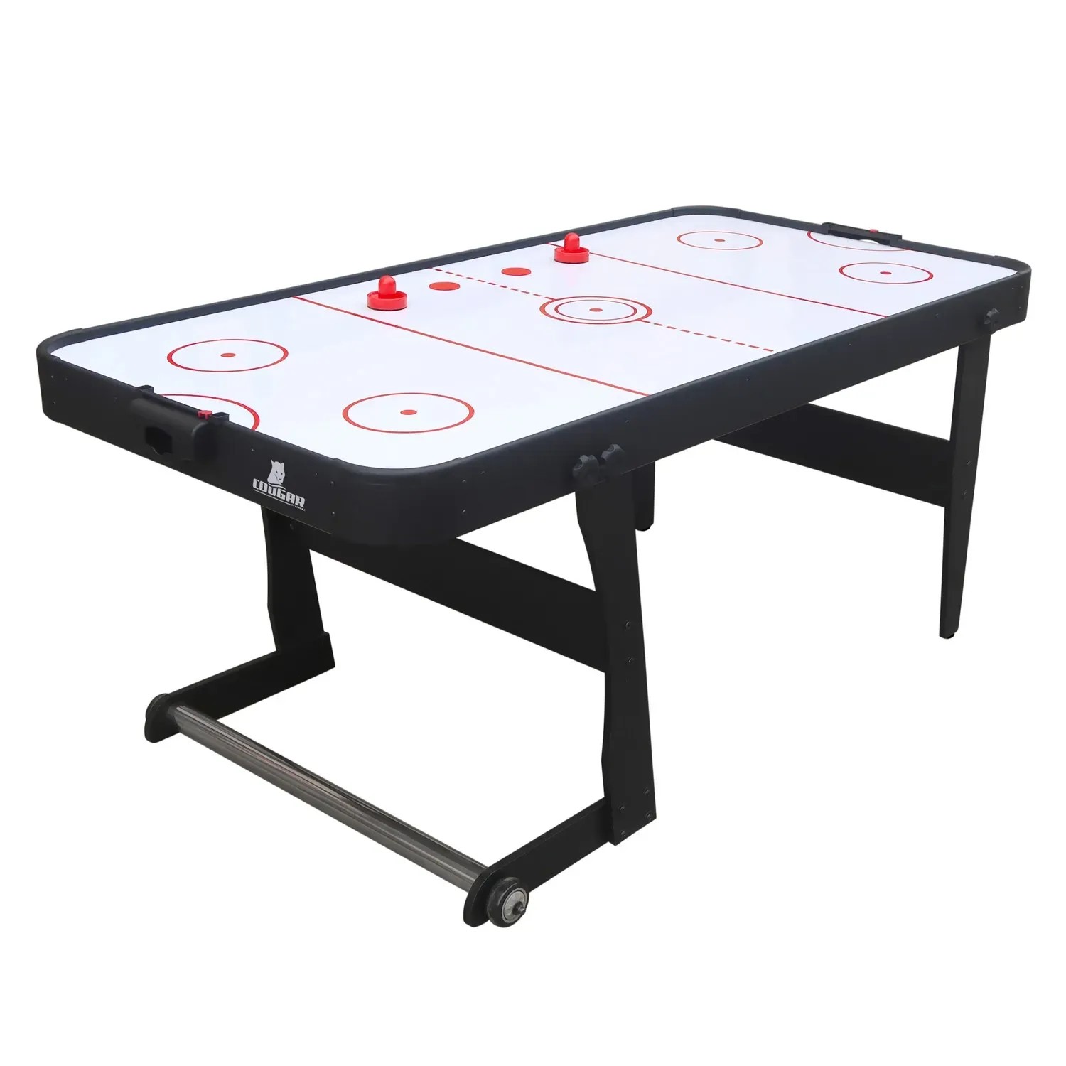 Schwarzer, faltbarer Cougar Airhockey Tisch Icing XL mit zwei roten Pucks.