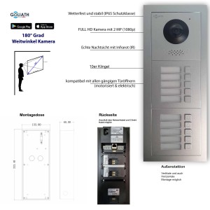 Goliath IP Video Türsprechanlage für 10 Familien in Silber/Weiß mit App-Steuerung.