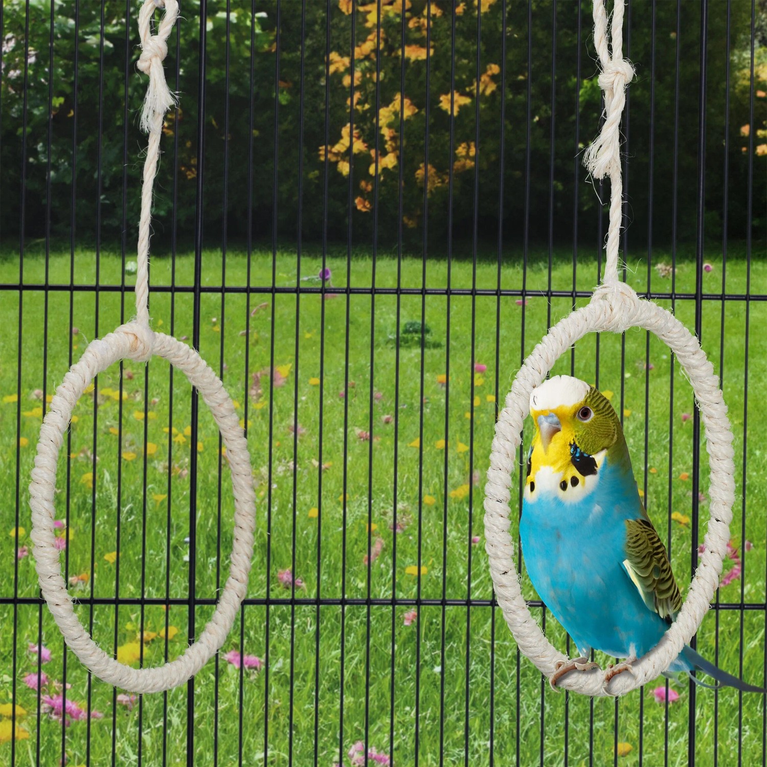 Relaxdays Vogelschaukel Ring Seegras Edelstahl Natur Silber Mit Karabiner 34 cm x 15 cm 60 g_5