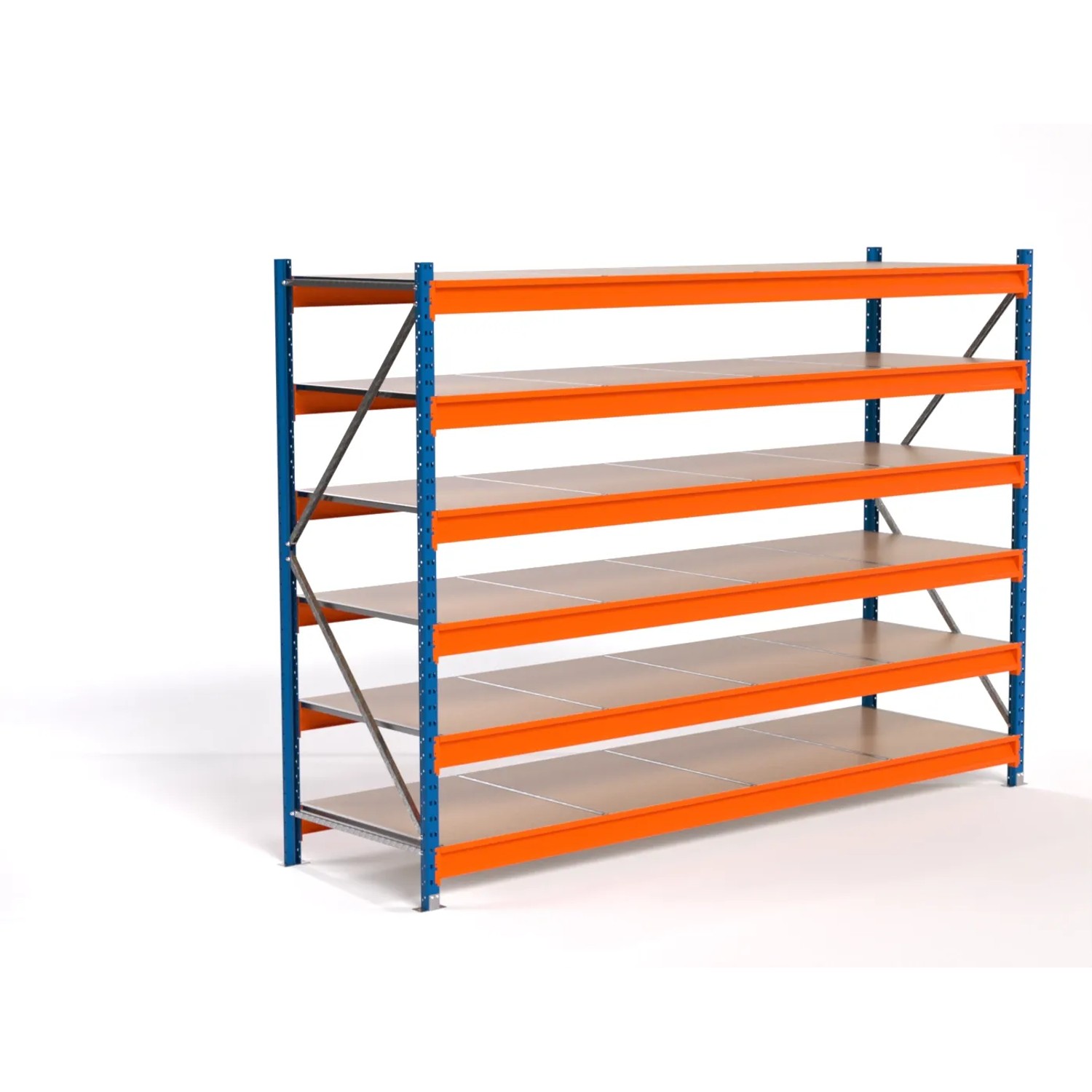 PROREGAL Industrie Weitspannregal Lagerregal MAXIMUS PRO Grundregal HxBxT 200x275x80cm 6 Spanplatten-Fachboden Fachlast 450kg Blau/Orange