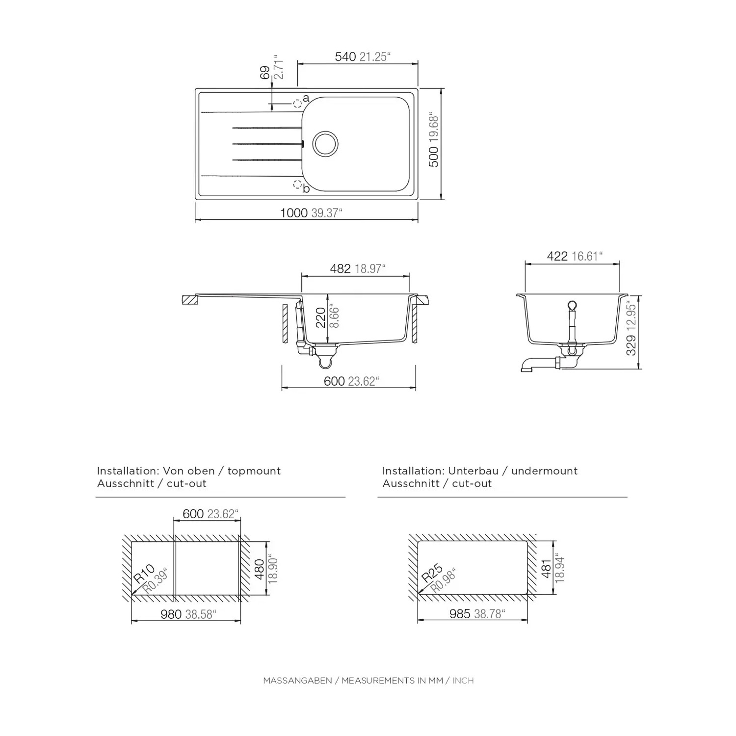 Technische Zeichnung Respekta Orlando Granitspüle, 100x50 cm, mit Maßangaben für Einbau.