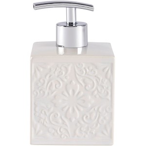 Weißer Wenko Seifenspender Cordoba aus Keramik mit Strukturmuster und Chrom-Pumpe.