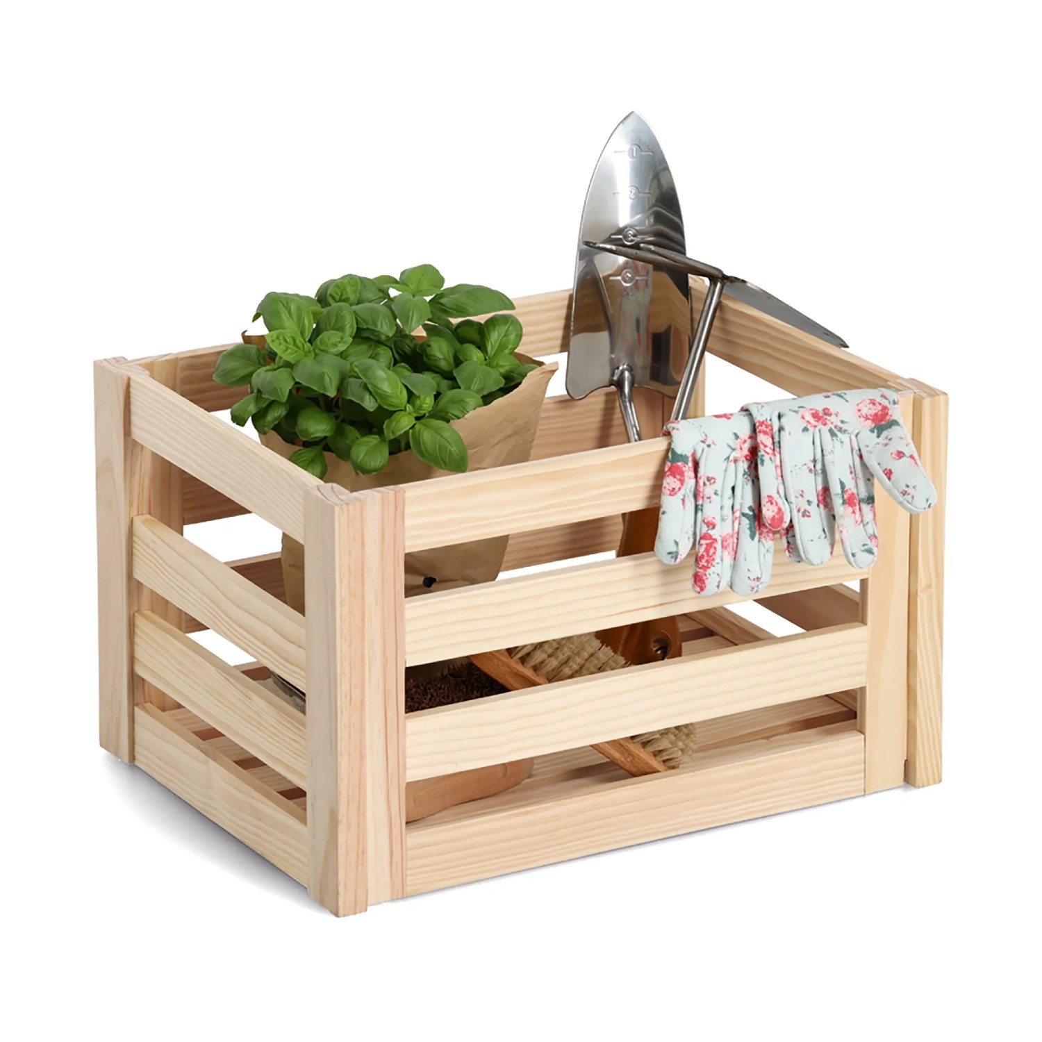 Naturfarbene Zeller Aufbewahrungskiste aus Kiefernholz mit Gartenutensilien, 30x40x24 cm.