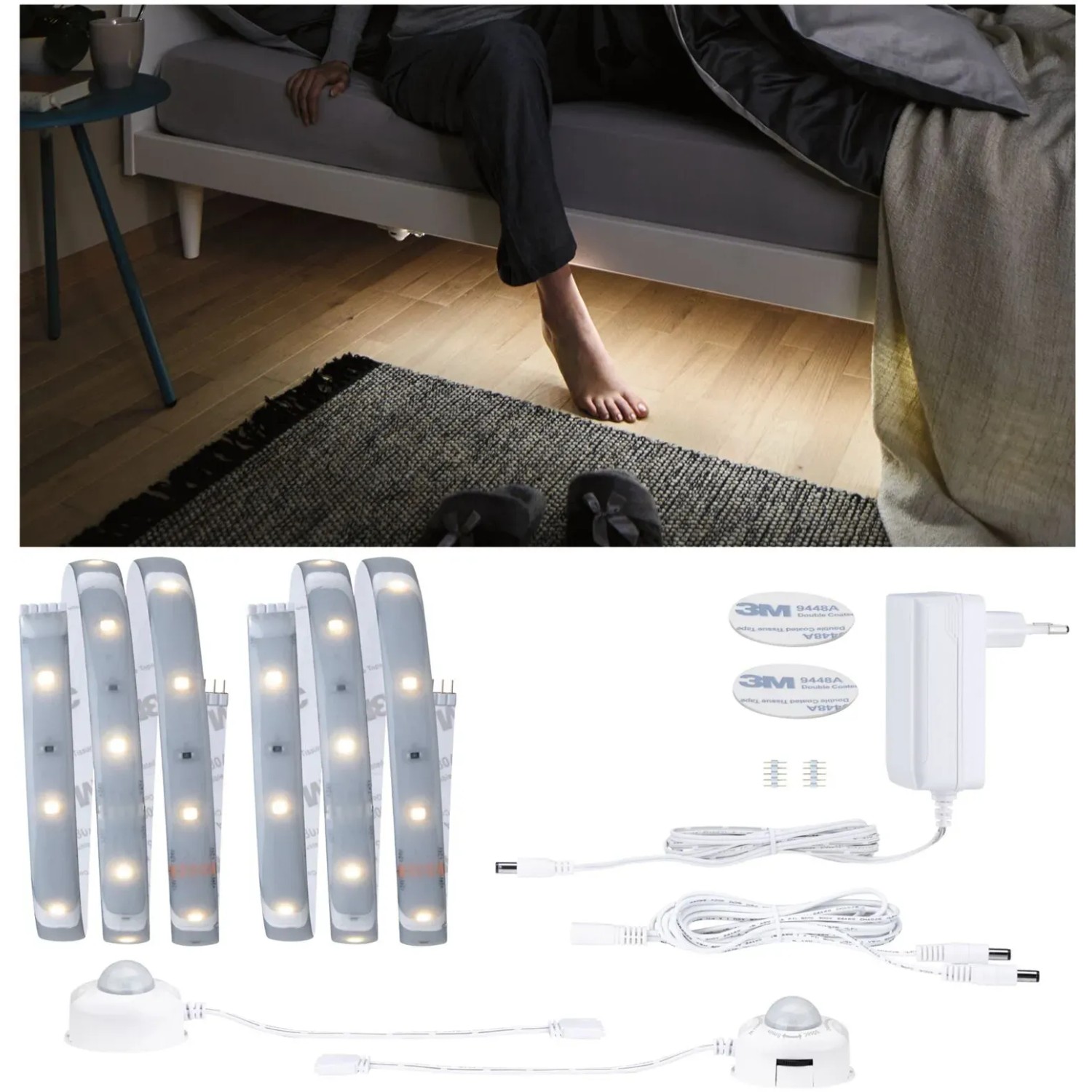Paulmann MaxLED Night Comfort Set für Doppelbett mit LED-Streifen, Sensor und Netzteil.