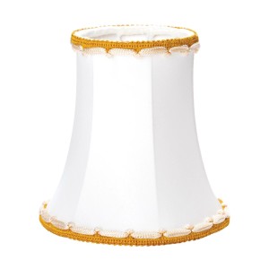 Weißer konischer Seiden-Aufsteckschirm mit goldener Borte, ideal für Kronleuchter & Tischleuchten.