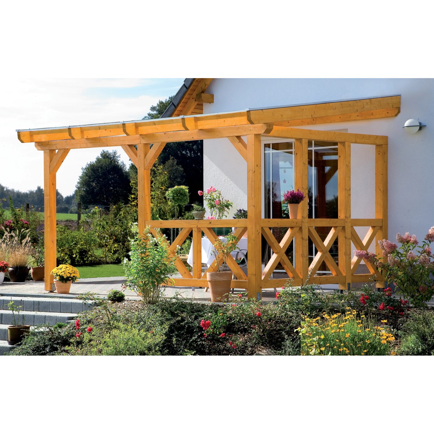 Skan Holz Seitenwand Andreaskreuz aus Leimholz für Terrassenüberdachung, unbehandelt.