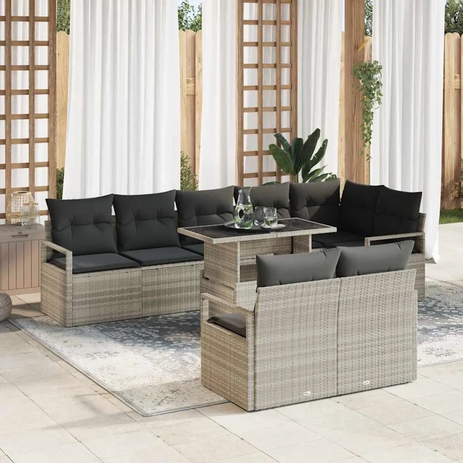 Hellgraues 9-teiliges vidaXL Garten-Sofa-Set mit Tisch und Polyrattan-Optik.