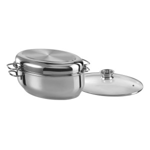 Ovaler GSW Edelstahl Multibräter 38cm 3-in-1 mit Glas- und Edelstahldeckel. Glänzendes Kochgeschirr, induktionsgeeignet.