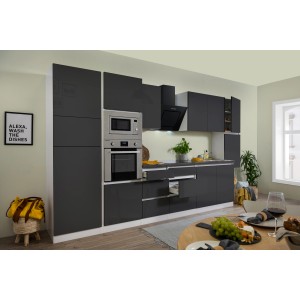 Respekta Premium Küchenzeile, 385 cm, grau hochglanz und weiß, mit E-Geräten.