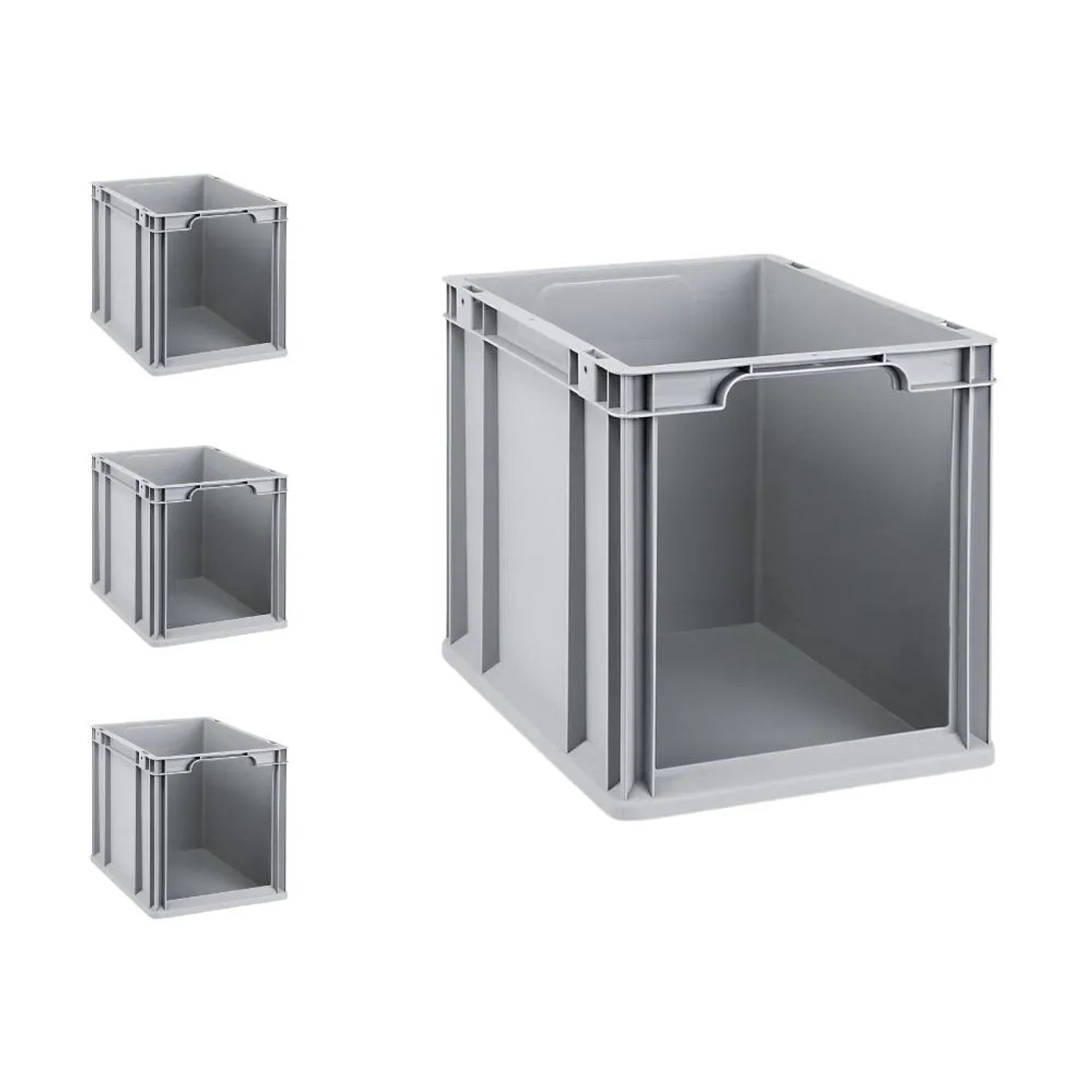 PROREGAL SuperSparSet: 4 graue Euroboxen NextGen Store mit offener Front, 30 Liter, für Lagerung und Transport.